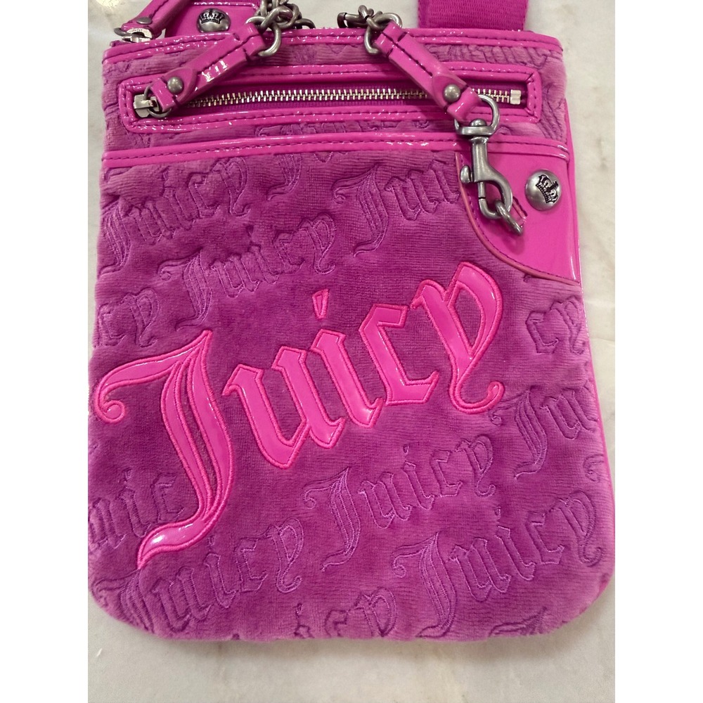 Juicy Couture Pink Velour Embossed Logo Crossbody Bag Y2K Patent Trim Chain #113 - Picture 2 of 15